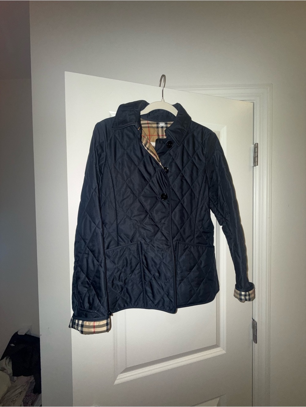 Burberry Quilted Navy Women's Jacket with Plaid Trim